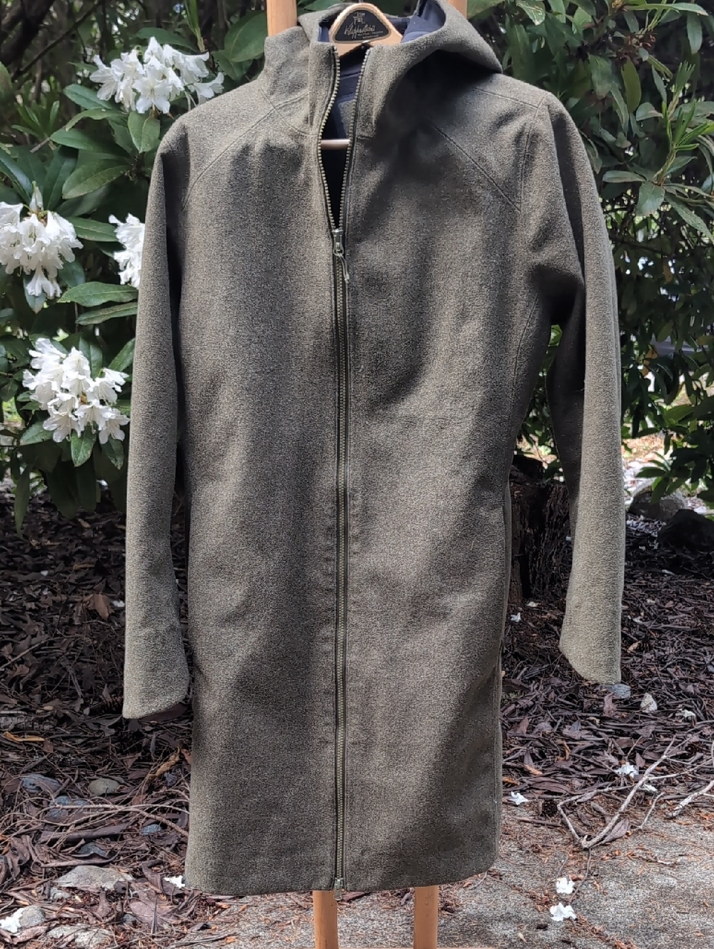 Duluth Trading Co wool Blend Rain Jacket Olive Green Hooded Zip-Front Coat
